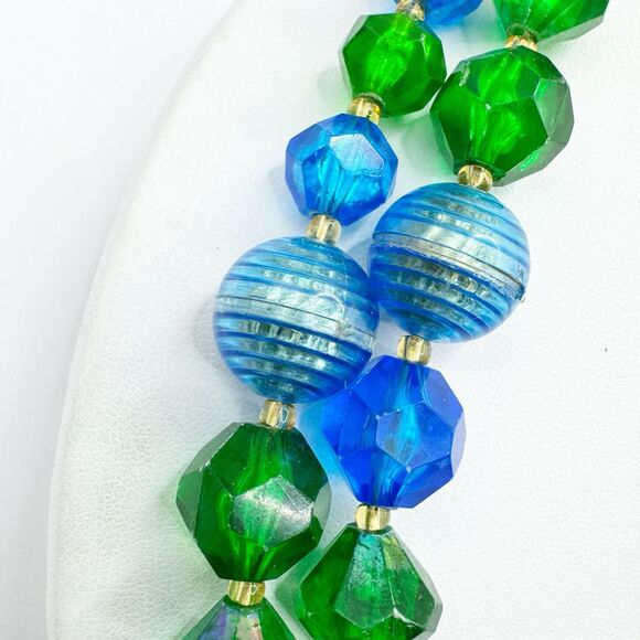 West Germany Vintage Blue Green Lucite Faceted Beaded Necklace 2 Strand MCM - Picture 3 of 16